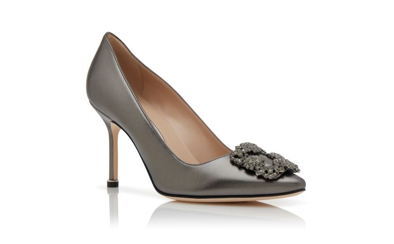 Designer Dark Grey Nappa Leather Jewel Buckle Pumps
