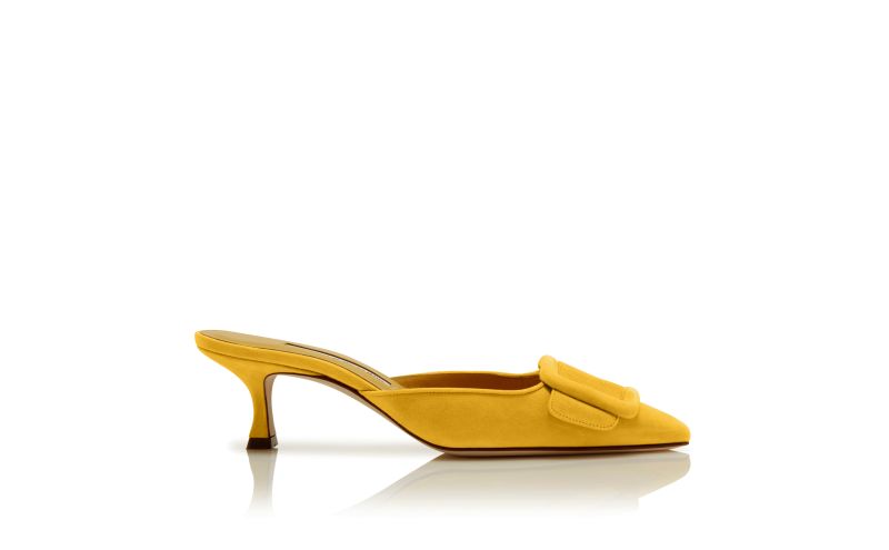 Side view of Maysale, Yellow Suede Buckle Mules - €695.00