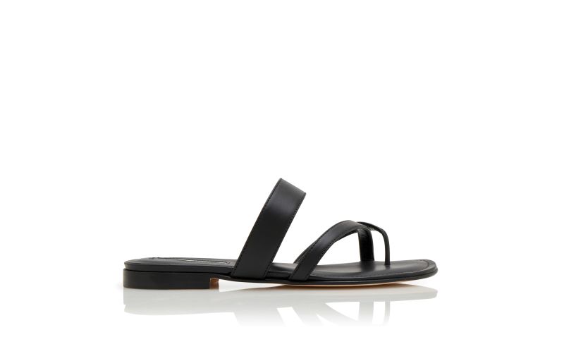 Side view of Designer Black Calf Leather Flat Sandals