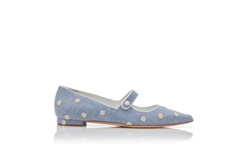 Side view of Campariflat, Blue and White Chambray Daisy Flat Pumps - US$825.00