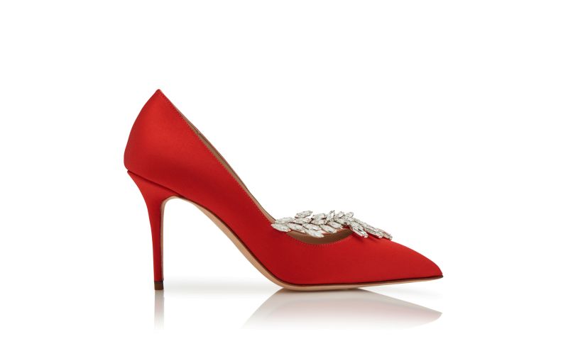 Side view of Nadira, Red Satin Jewel Buckle Pumps - US$1,145.00