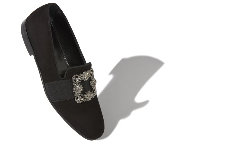 Designer Black Suede Jewelled Buckle Loafers