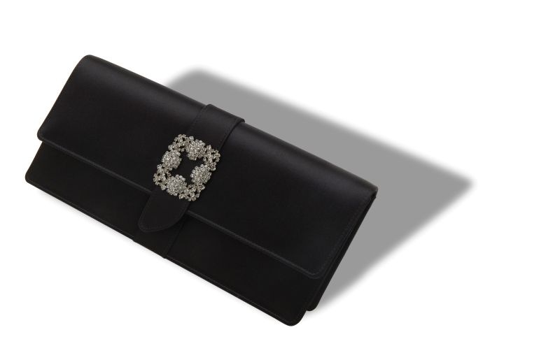 Designer Black Satin Jewel Buckle Clutch