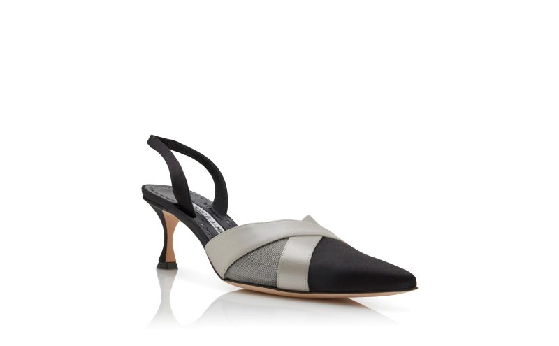 Oyounasli, Black and Grey Satin Crossover Slingback Pumps - US$483.00