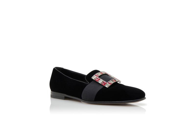 Designer Black Velvet Jewel Buckle Loafers 