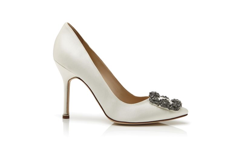 Side view of Hangisi, White Satin Jewel Buckle Pumps - US$1,195.00