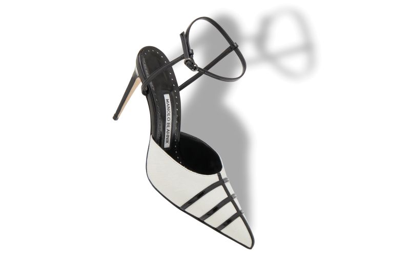 Designer Cream and Black Linen Ankle Strap Pumps 