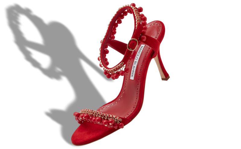 Ravellanu, Red Suede Jewel Embellished Sandals  - US$1,017.00