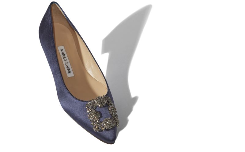 Hangisiflat, Navy Satin Jewel Buckle Flat Pumps - US$1,095.00 