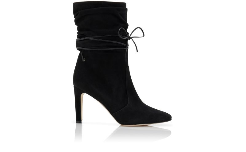 Side view of Designer Black Suede Slouchy Ankle Boots