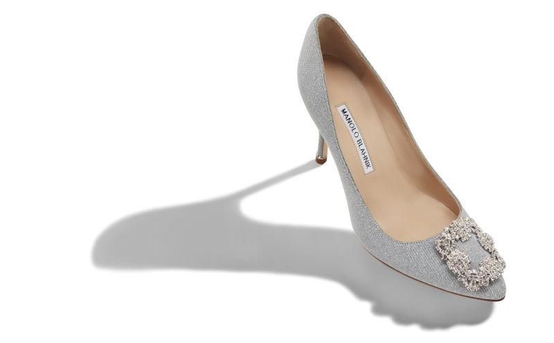 Hangisi glitter 90, Silver Glitter Fabric Jewel Buckle Pumps - US$1,225.00