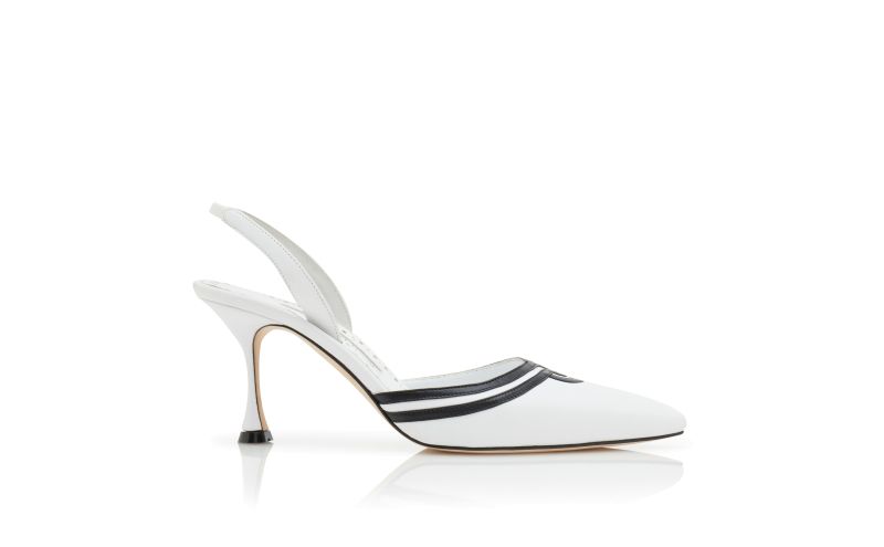 Side view of Designer White and Black Nappa Leather Slingback Pumps