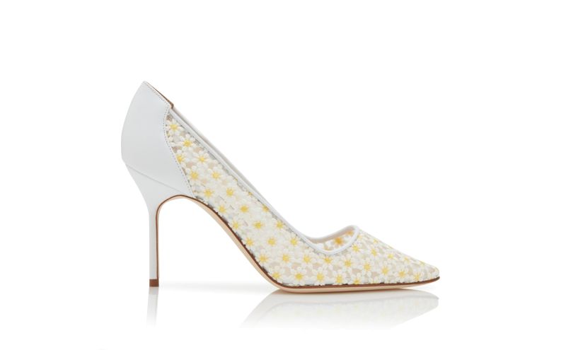 Side view of Bbla 90, White Lace Daisy Pointed Toe Pumps  - US$895.00