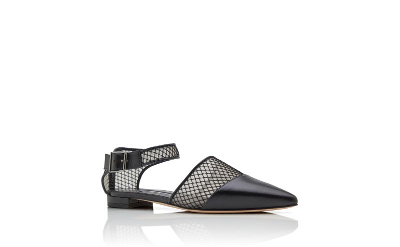 Jatelahflat, Black Nappa Leather Ankle Strap Flat Pumps - AU$853.00
