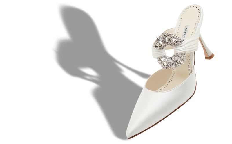 Maidugura, Cream Satin Embellished Buckle Mules - US$765.00