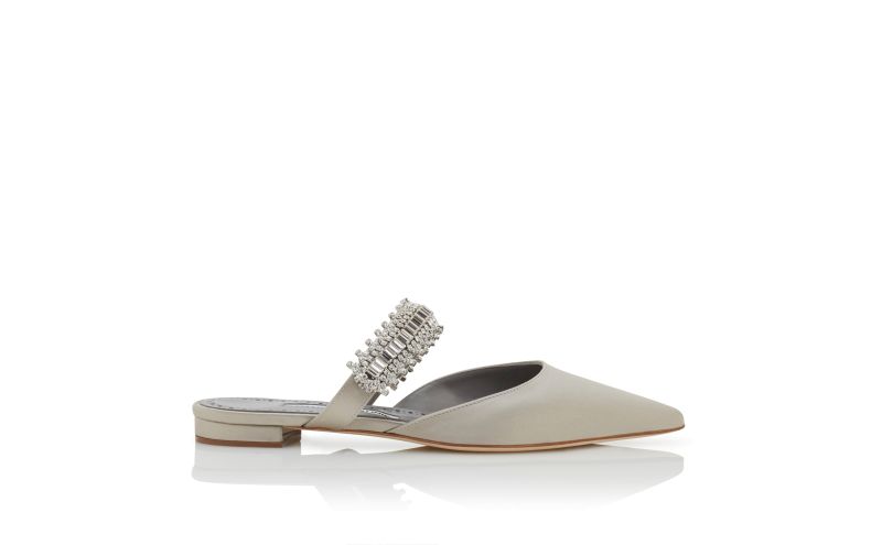 Side view of Lutaraflat, Light Grey Satin Crystal Embellished Flat Mules - AU$2,025.00