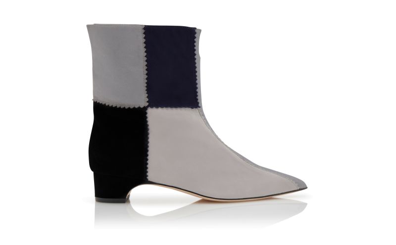 Side view of Bandi, Grey, Navy and Black Suede Patchwork Boots - CA$1,265.00