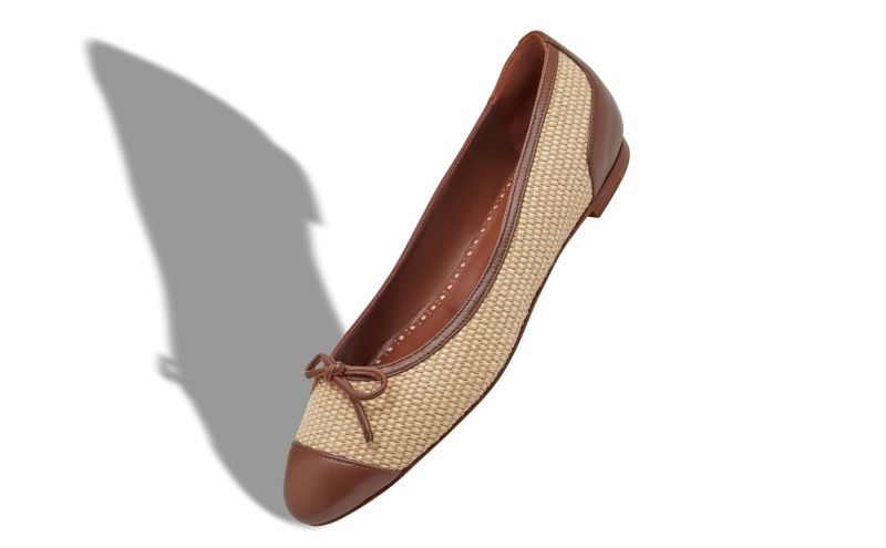 Capbal, Cream and Brown Raffia Ballerina Flats - US$438.00