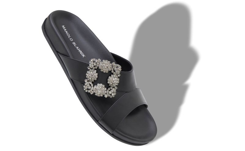 Chilanghi, Black Calf Leather Jewel Buckle Flat Mules - CA$1,555.00 