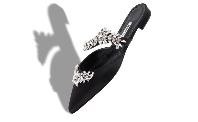 Lurumflat, Black Satin Crystal Embellished Flat Mules - US$1,295.00