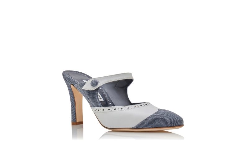 AGATHANU, Blue and White Denim Mules, 695 GBP