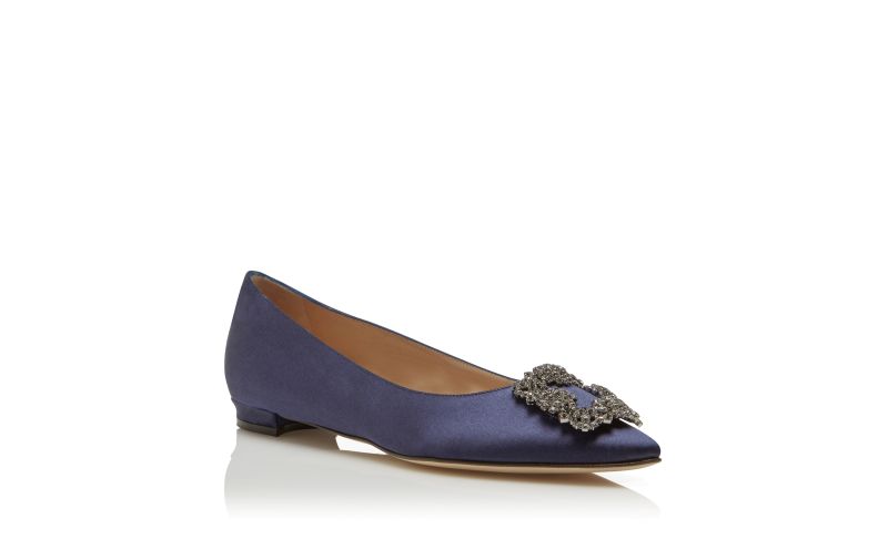 Hangisiflat, Navy Satin Jewel Buckle Flat Pumps - £845.00