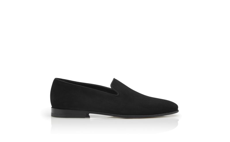 Side view of Designer Black Suede Loafers