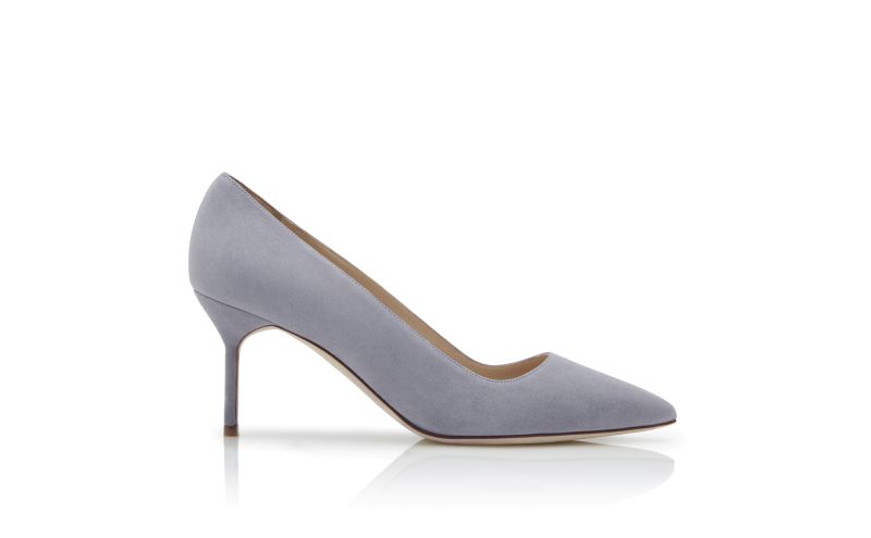 Side view of Designer Light Grey Suede Pointed Toe Pumps