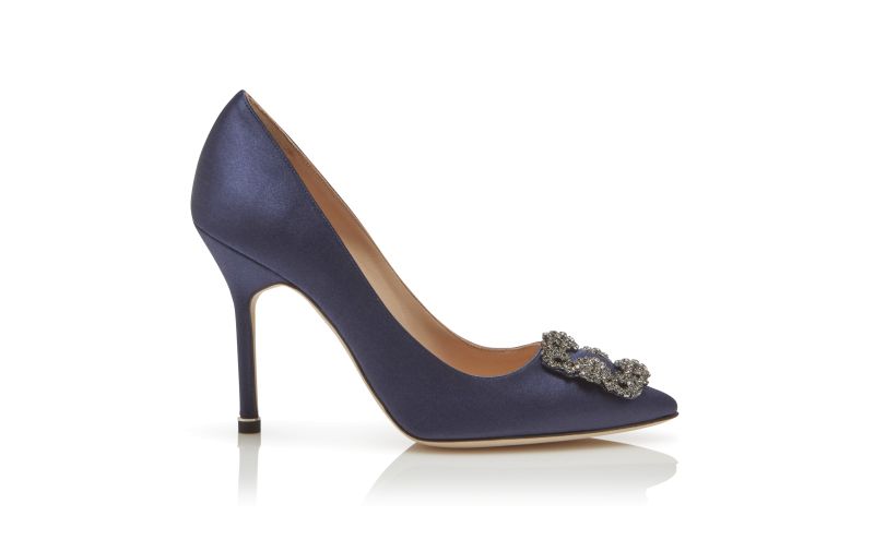 Side view of Hangisi, Navy Blue Satin Jewel Buckle Pumps - €1,075.00