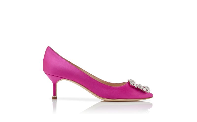 Side view of Hangisi 50, Dark Fuchsia Satin Jewel Buckle Pumps - €1,075.00