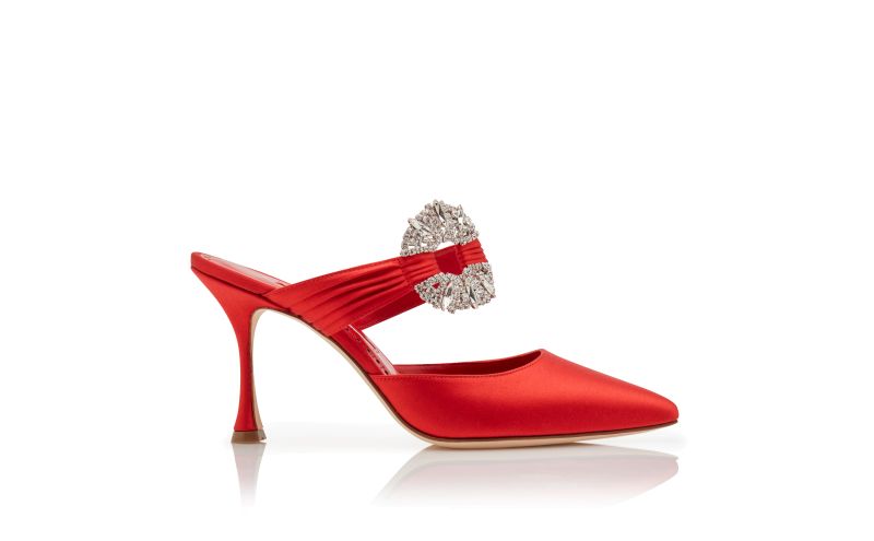 Side view of Maidugura, Red Satin Embellished Buckle Mules - AU$2,065.00