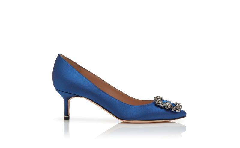 Side view of Hangisi 50, Blue Satin Jewel Buckle Pumps - AU$2,055.00