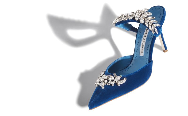 Designer Bright Blue Velvet Crystal Embellished Mules