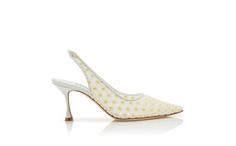 Side view of Margolina, White Lace Daisy Slingback Pumps   - £775.00