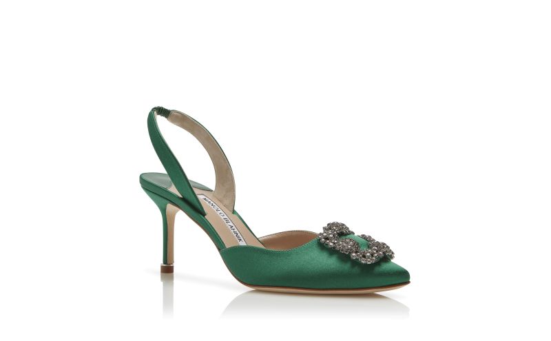 Hangisli, Green Satin Jewel Buckle Slingback Pumps - US$1,195.00