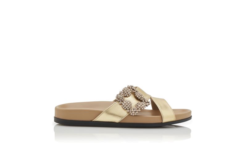 Side view of Designer Gold Nappa Leather Jewel Buckle Flat Mules