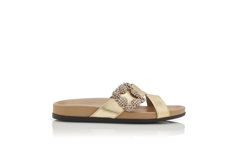Side view of Chilanghi, Gold Nappa Leather Jewel Buckle Flat Mules - £925.00
