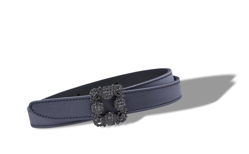 Designer Blue-Grey Satin Crystal Buckled Belt