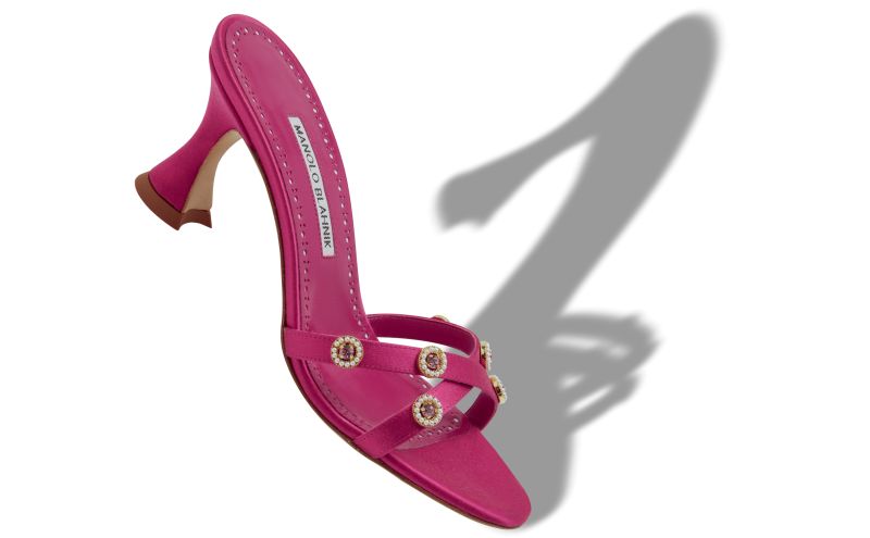 Pyrenea, Dark Pink Satin Embellished Mules - US$1,145.00 