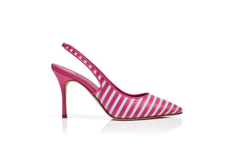 Side view of Allurafia, Pink and White Cotton Striped Slingback Pumps - £358.00