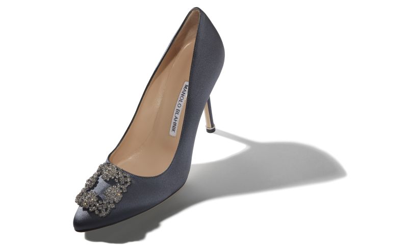 Designer Dark Grey Satin Jewel Buckle Pumps