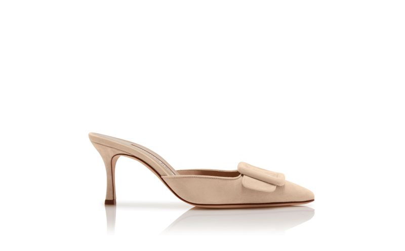 Side view of Maysale, Light Beige Suede Buckle Mules - US$795.00
