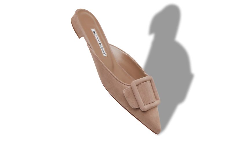 Maysaleflat, Beige Suede Buckle Detail Flat Mules - AU$1,245.00 