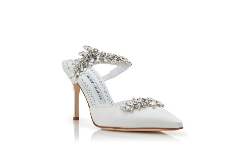 Designer Ivory Satin Crystal Embellished Mules