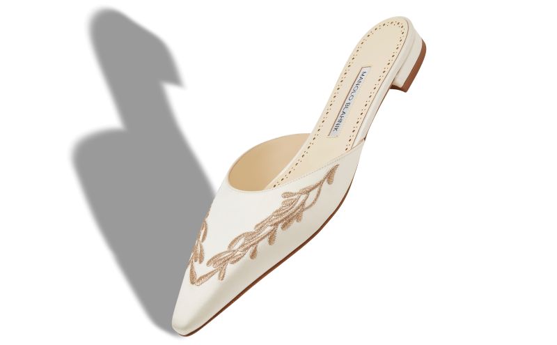Fontaza, White and Gold Satin Flat Mules - US$1,045.00