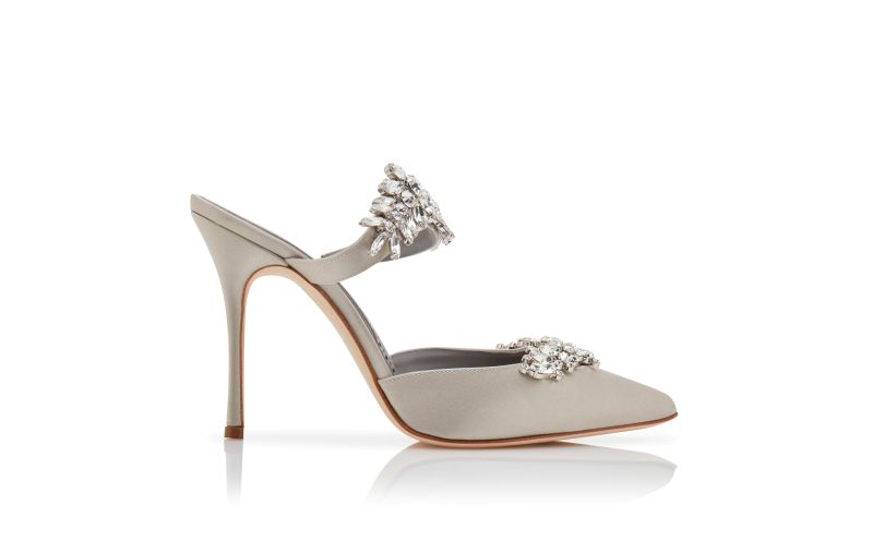 Side view of Lurum 105, Grey Satin Crystal Embellished Mules - CA$1,815.00
