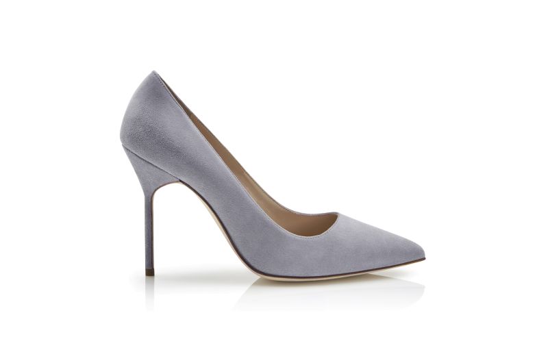 Side view of Designer Light Grey Suede Pointed Toe Pumps