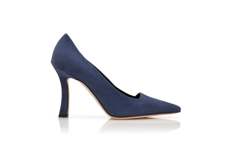 Side view of Moira, Navy Blue Suede Square Cut Pumps - €750.00