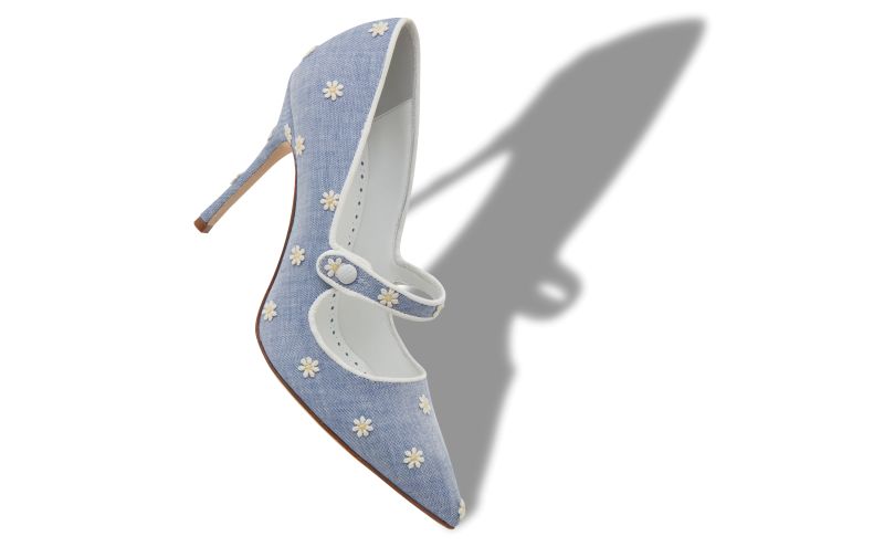 Camparinew, Blue and White Chambray Daisy Pumps - US$845.00 