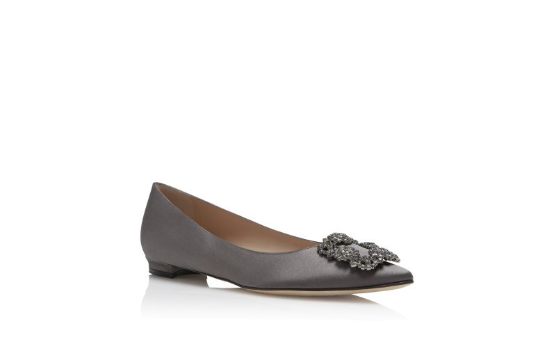 Hangisiflat, Grey Satin Jewel Buckle Flat Pumps - US$1,095.00